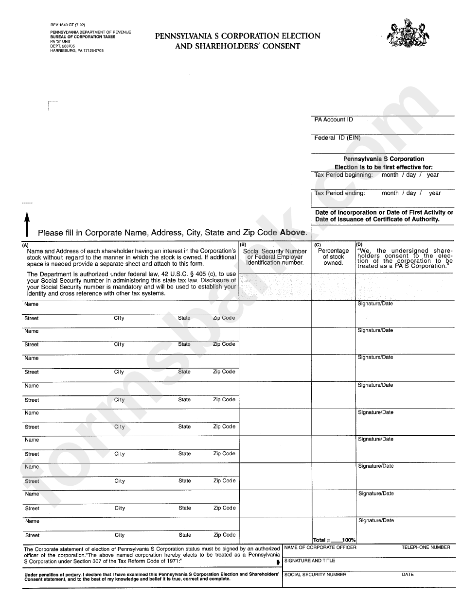 Form Rev-1640 Ct - Pennsylvania S Corporation Election And Shareholder