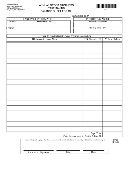 Form Mts2 - Annual Gross Products Take In-Kind Balance Sheet For Oil December - 1999 Printable pdf