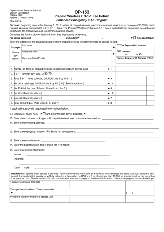 Form Op-153 - Prepaid Wireless E 9-1-1 Fee Return - 2013 Printable pdf