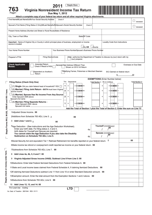 Form 763 - Virginia Nonresident Income Tax Return - 2011 Printable pdf