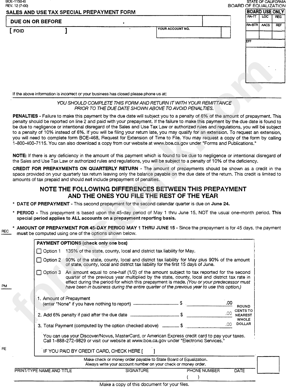 Form Boe-1150-B - Sales And Use Tax Special Prepayment Form