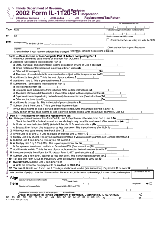 Form Il-1120-St - Small Business Corporation Replacement Tax Return - 2002 Printable pdf