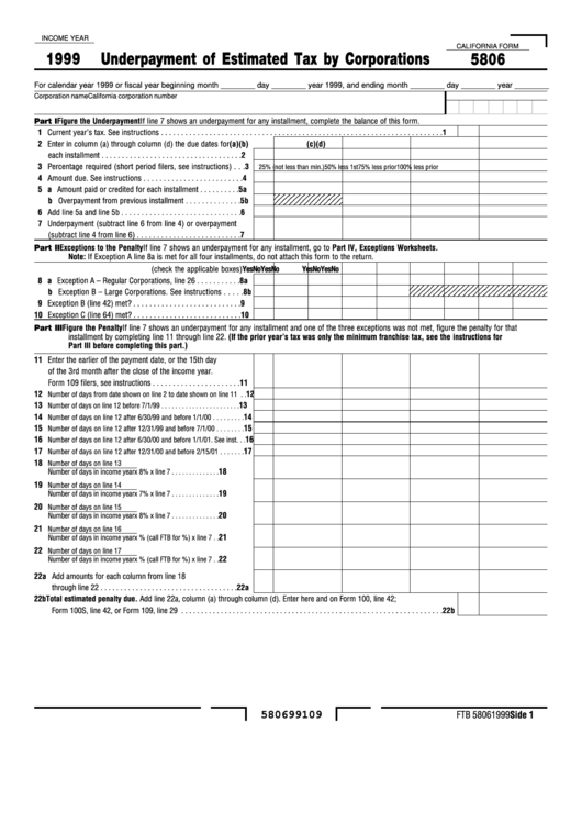 California Form 5806 - Underpayment Of Estimated Tax By Corporations - 1999 Printable pdf