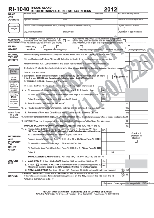Form Ri-1040 Draft - Resident Individual Income Tax Return - 2012 Printable pdf