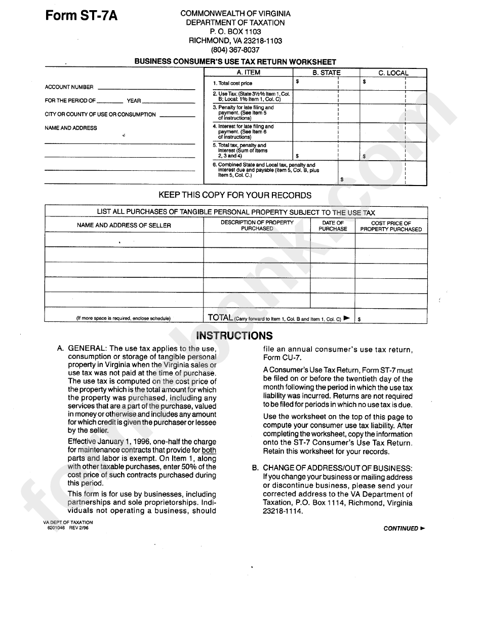 Form St-7a - Business Consumer