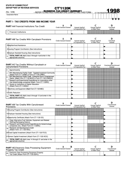 Fillable Form Ct-1120k - Business Tax Credit Summary - 1998 Printable pdf