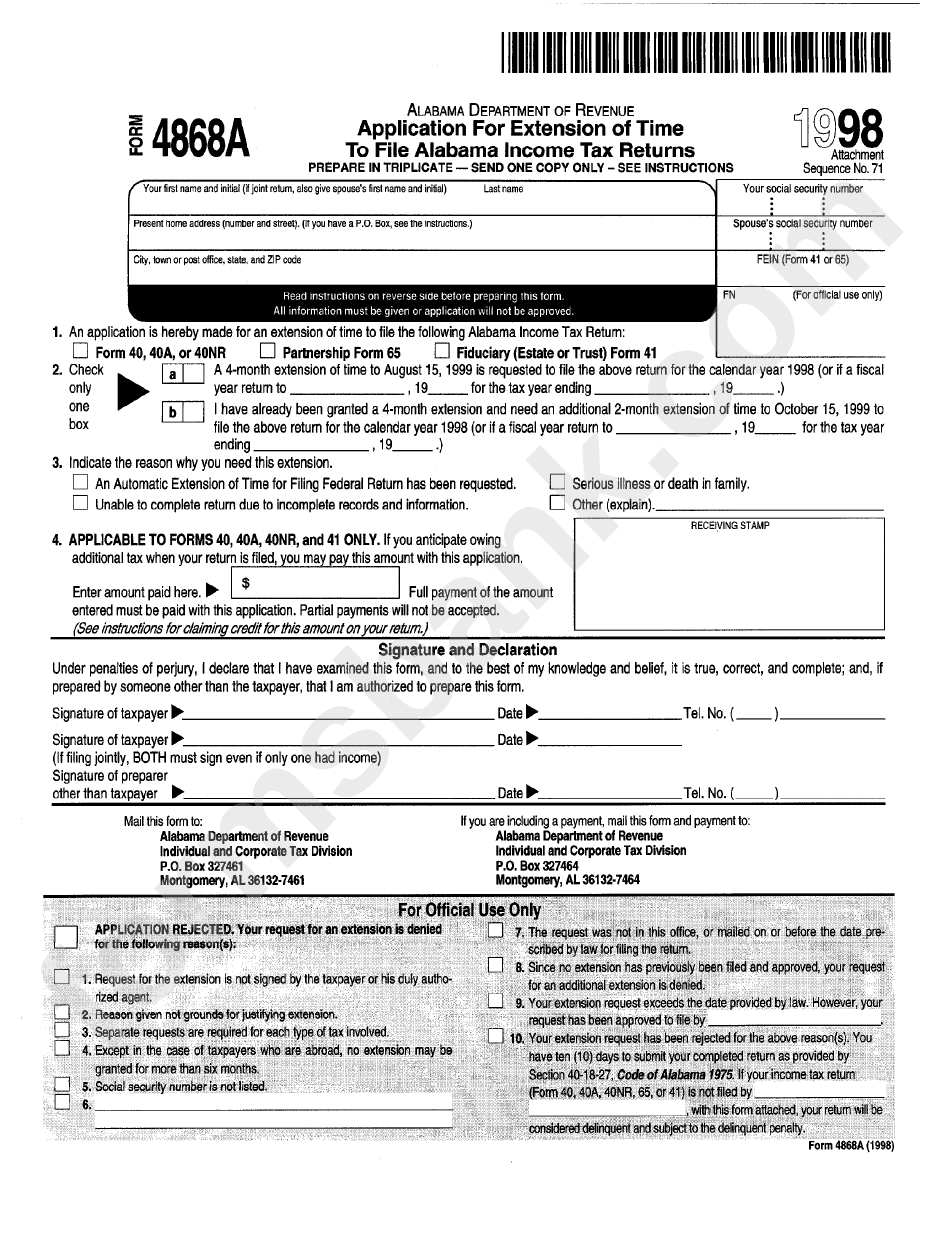 Form 4868a - Application For Extention Of Time To File Alabama Income Tax Returns - 1998