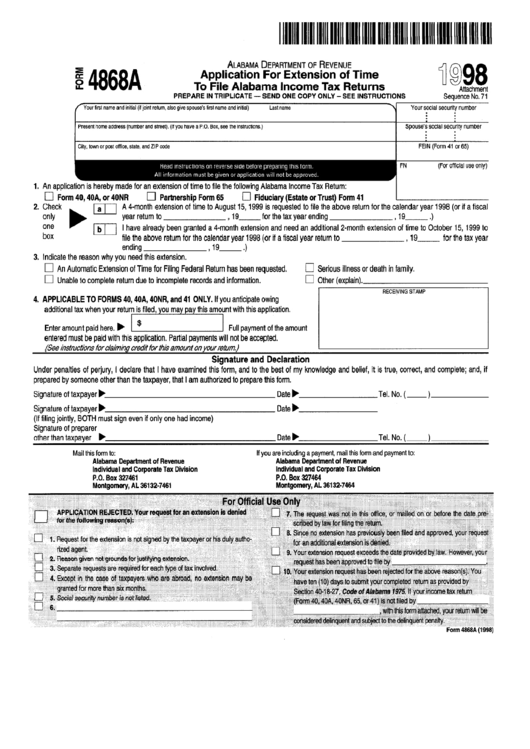 Fillable Form 4868a - Application For Extention Of Time To File Alabama Income Tax Returns - 1998 Printable pdf