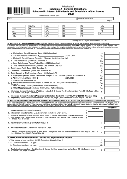 Form 80-135-00-3-1-000 - Schedule A - Itemized Deductions Schedule B - Interest & Dividends And Schedule N - Other Income Printable pdf