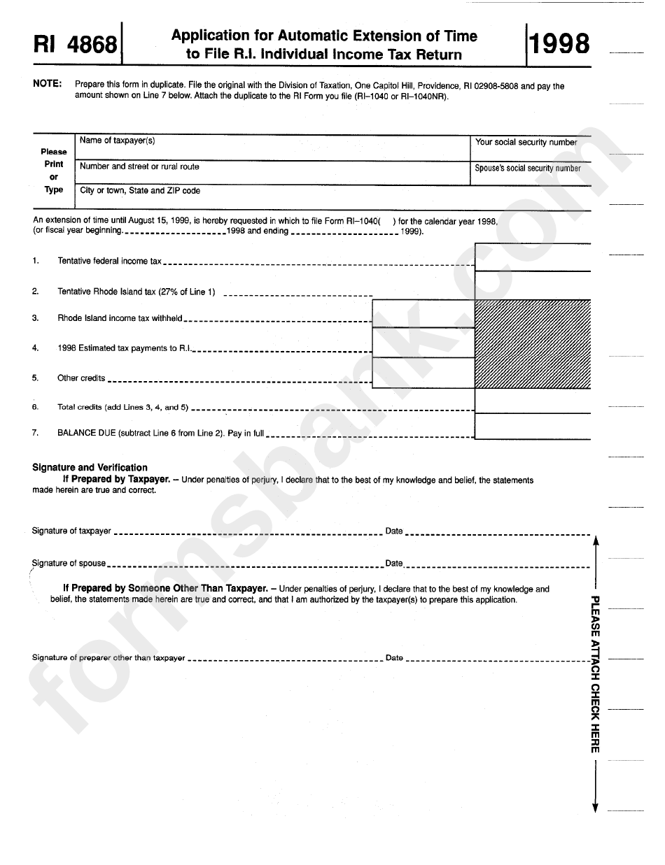 Fillable Form Ri 4868 Application For Automatic Extension Of Time To