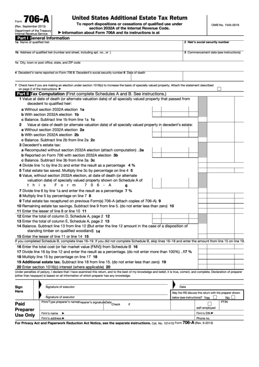 Fillable Form 706-A - United States Additional Estate Tax Return - 2013 Printable pdf