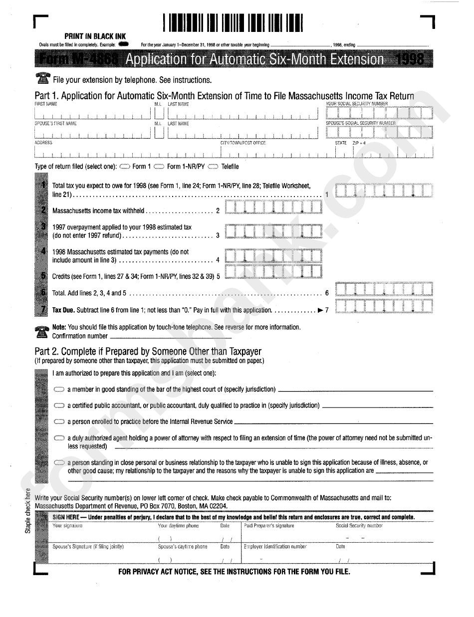 Application For Automatic Six-Month Extension - Massachusetts Department Of Revenue - 1998