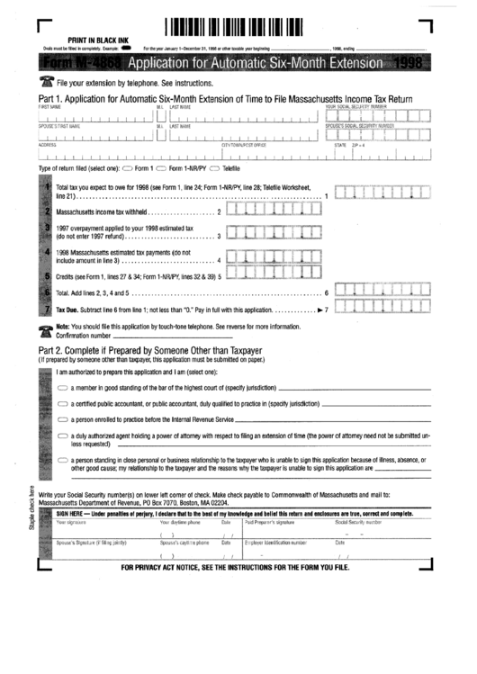 Fillable Application For Automatic Six-Month Extension - Massachusetts Department Of Revenue - 1998 Printable pdf