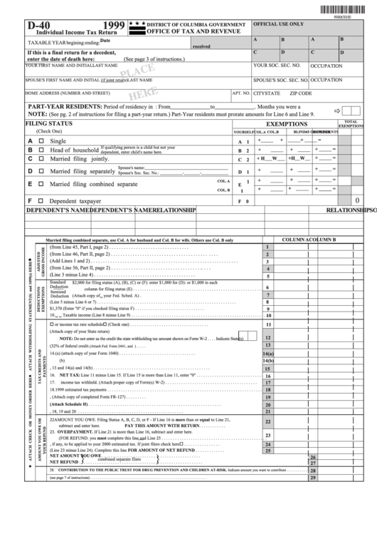 Form D-40 - Individual Income Tax Return - 1999
