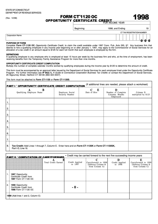 Fillable Form Ct-1120 Oc - Opportunity Certificate Credit - 1998 Printable pdf