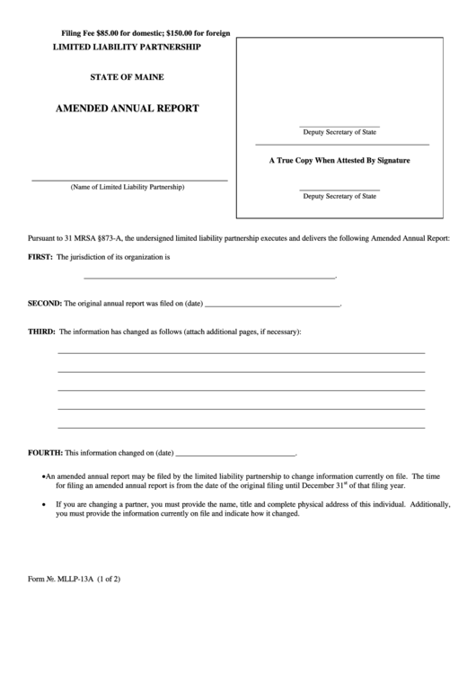 Fillable Form Mllp-13a - Amended Annual Report (2012) Printable pdf