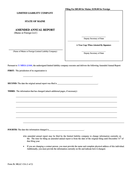 Fillable Form Mllc-13a - Amended Annual Report - 2012 Printable pdf