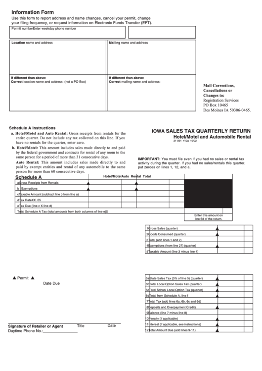 Iowa Sales Tax Quarterly Return Hotel/motel And Automobile Rental - 2002 Printable pdf
