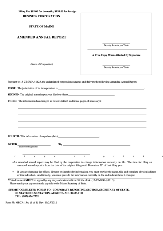 Fillable Form Mbca-13a - Business Corporation Amended Annual Report Printable pdf