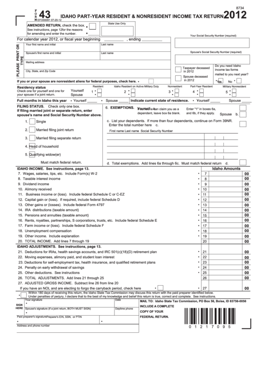 Fillable Form 43 - Idaho Part-Year Resident And Nonresident Income Tax Return - 2012 Printable pdf