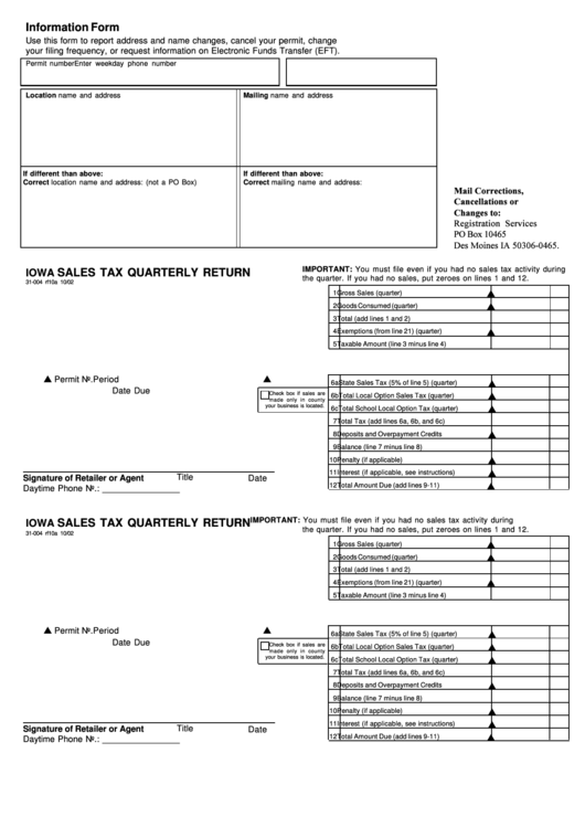 Iowa Sales Tax Quarterly Return - 2002 Printable pdf