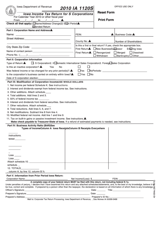 Fillable Form Ia 1120s - Iowa Income Tax Return For S Corporations - 2010 Printable pdf