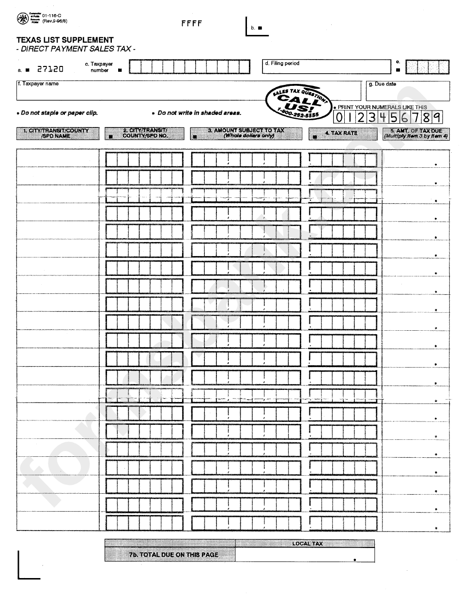 Form 01-116-C - Direct Payment Sales Tax - Texas List Supplement