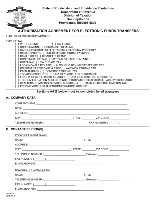 Form Ri-Eft-1 - Authorization Agreement For Electronic Funds Transfers (2012) Printable pdf