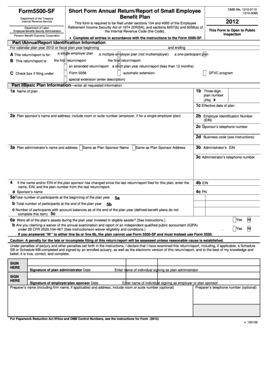 Form 5500-Sf - Short Form Annual Return/report Of Small Employee Benefit Plan - 2012 Printable pdf