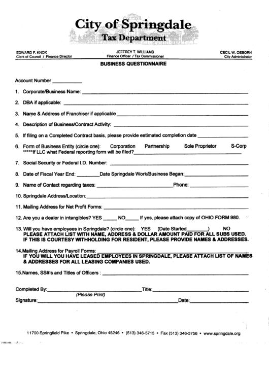 Business Questionnaire - City Of Springdale - Tax Department Printable pdf