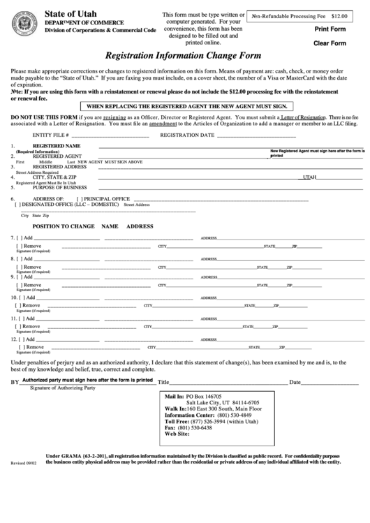 Fillable Registration Information Change Form - 2002 Printable pdf