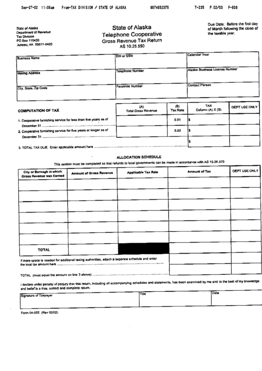 Form 04-055 - Telephone Cooperative Gross Revenue Tax Return - 2002 Printable pdf