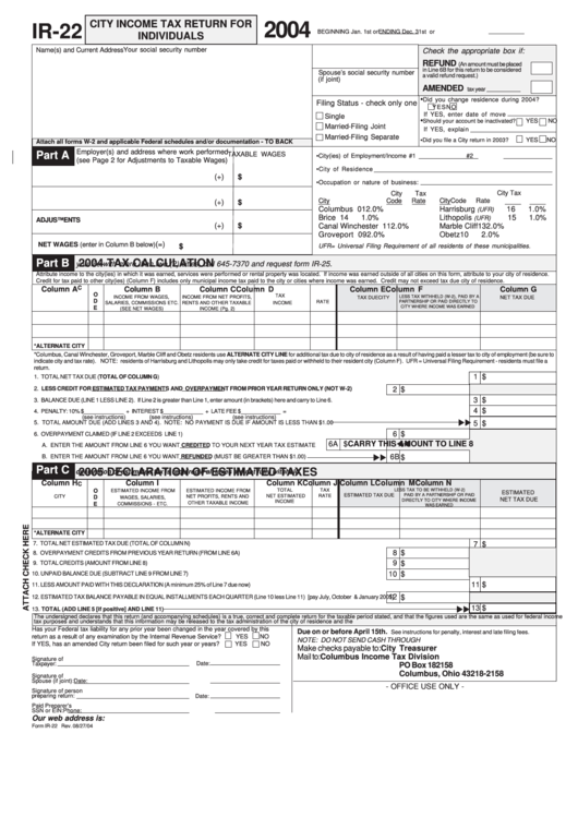 Fillable Form Ir-22 - City Income Tax Return For Individuals - 2004 Printable pdf