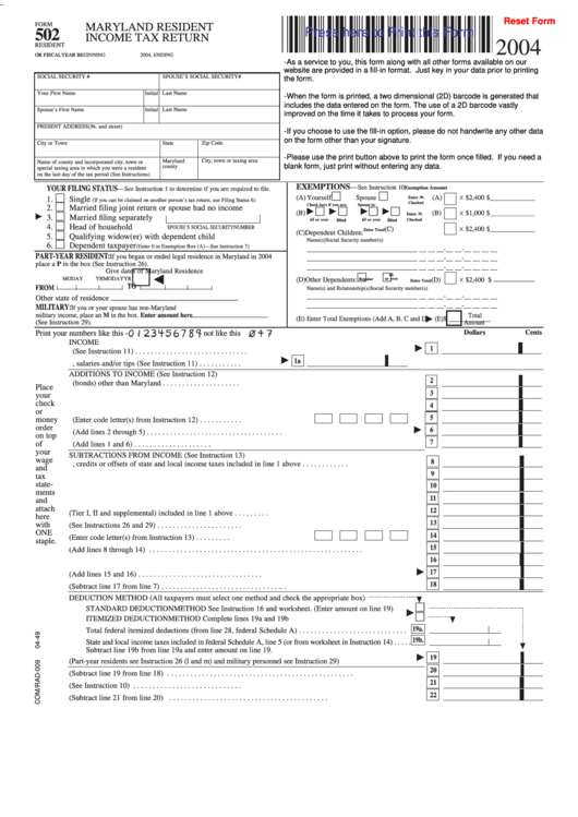Fillable Form 502 - Maryland Resident Income Tax Return - 2004 Printable pdf