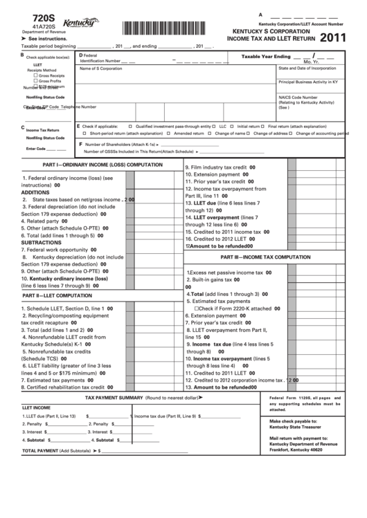 Form 720s - Kentucky S Corporation Income Tax And Llet Return - 2011 Printable pdf