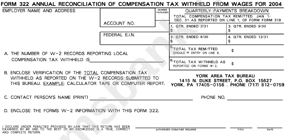 Form 322 - Annual Reconciliation Of Compensation Tax Withheld Form Wages - 2004