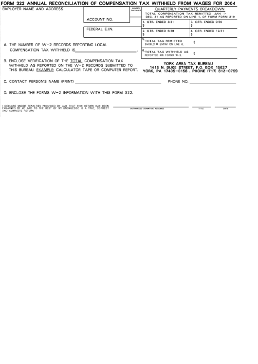 Form 322 - Annual Reconciliation Of Compensation Tax Withheld Form Wages - 2004 Printable pdf