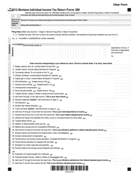 Fillable Form 2m - 2012 Montana Individual Income Tax Return Printable pdf