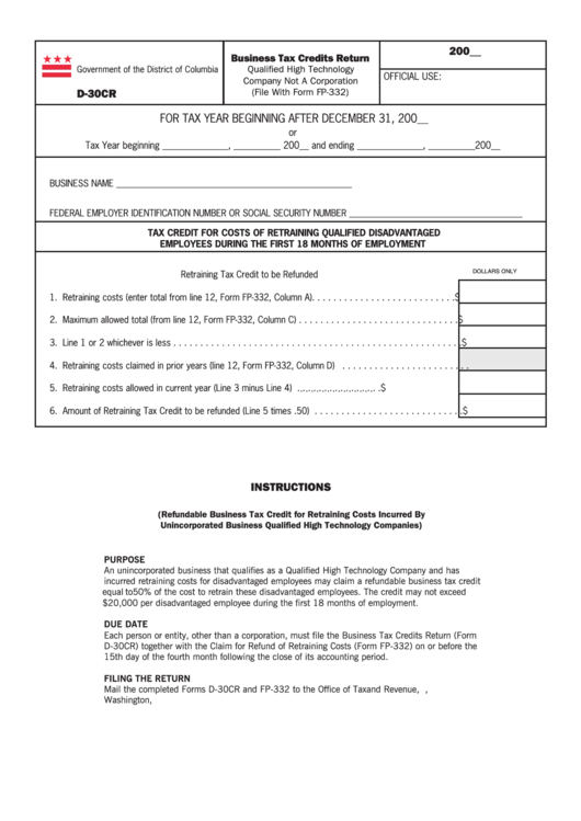 Form D-30cr - Business Tax Credits Return Printable pdf