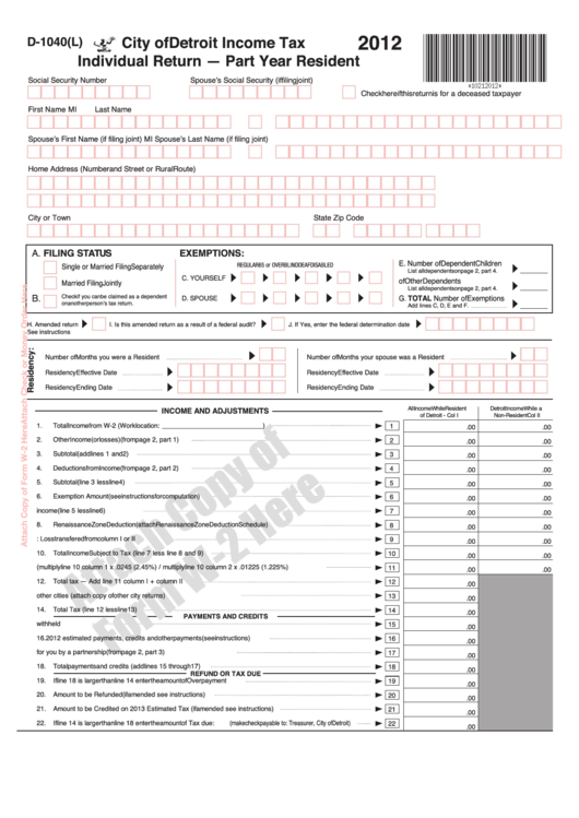 Form D-1040(L) Draft - City Of Detroit Income Tax Individual Return-Part Year Resident - 2012 Printable pdf