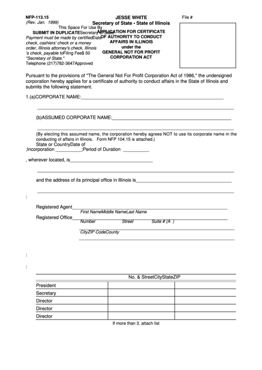 Form Nfp-113.15 -Application For Certificate Of Authority To Conduct Affairs In Illinois Under The General Not For Profit Corporation Act - State Of Illinois Printable pdf