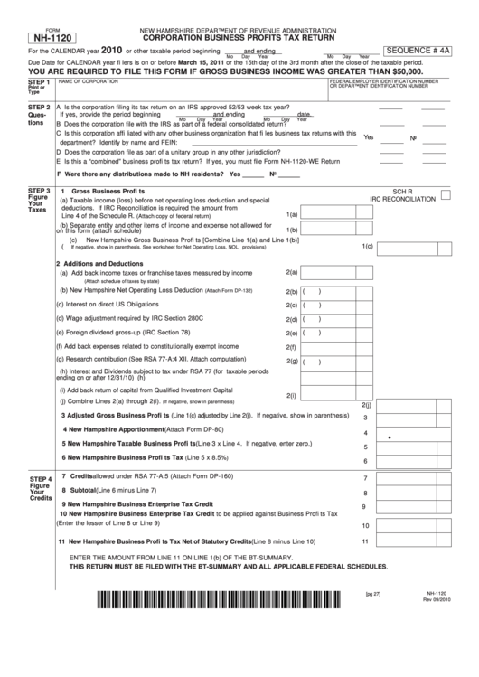 Fillable Form Nh-1120 - Corporation Business Profits Tax Return - 2010 Printable pdf