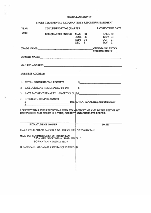 Short Term Rental Tax Quarterly Reporting Statement - 2015 - Powhatan County Printable pdf