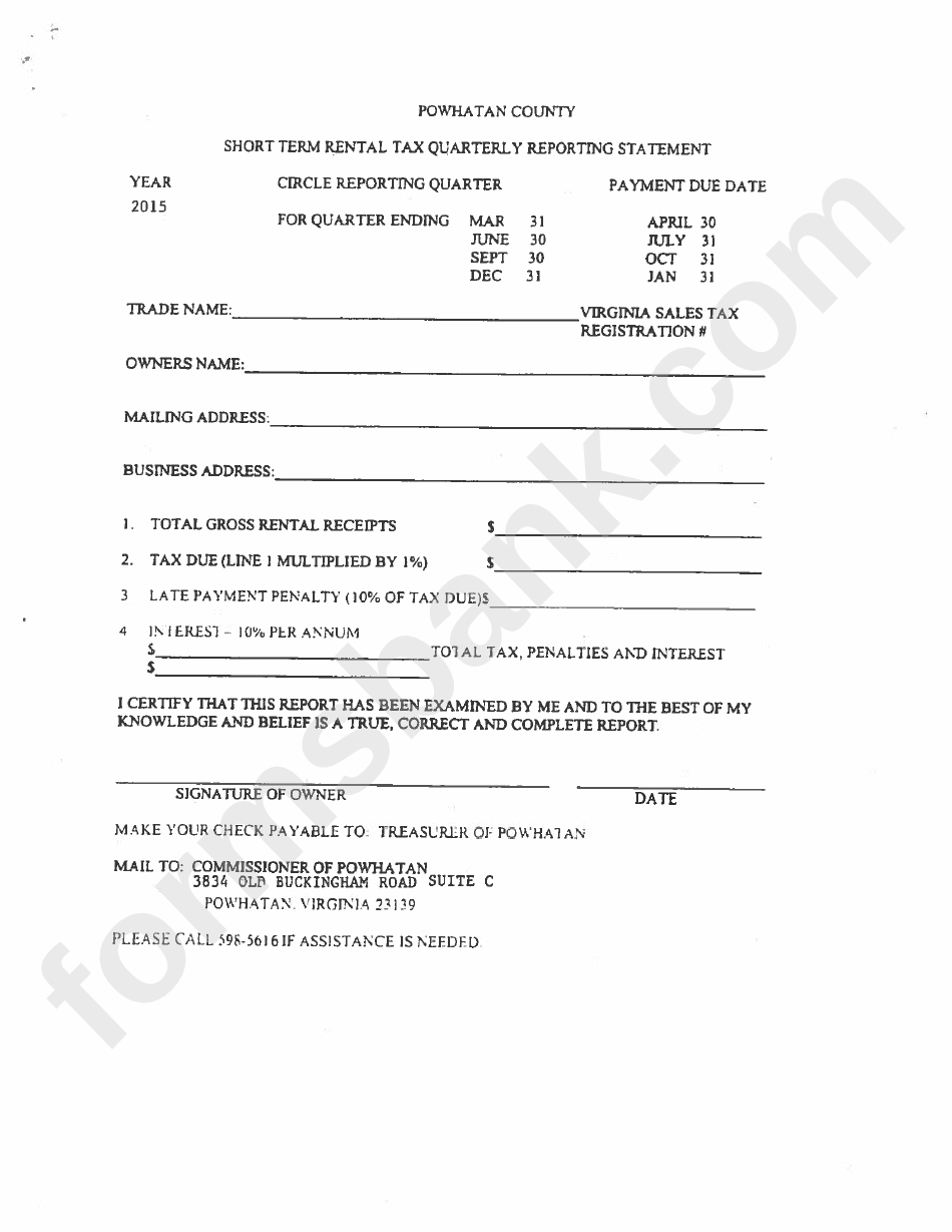 Short Term Rental Tax Quarterly Reporting Statement - 2015 - Powhatan County