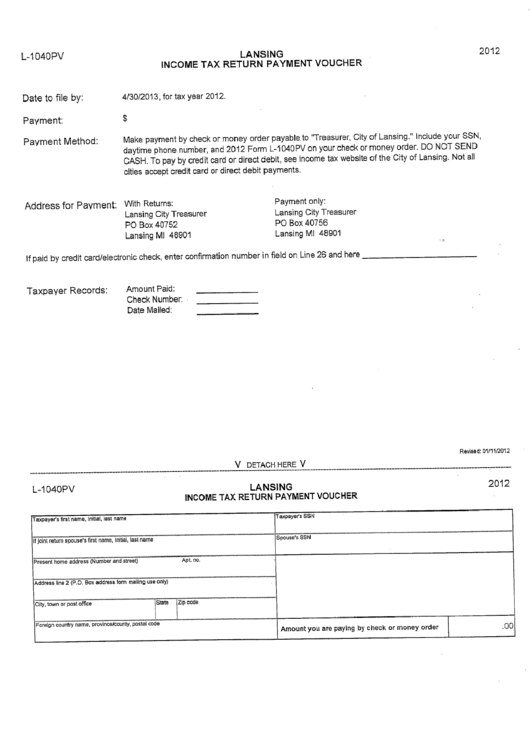Form L-1040pv - Lansing Income Tax Return Payment Voucher - 2012 Printable pdf