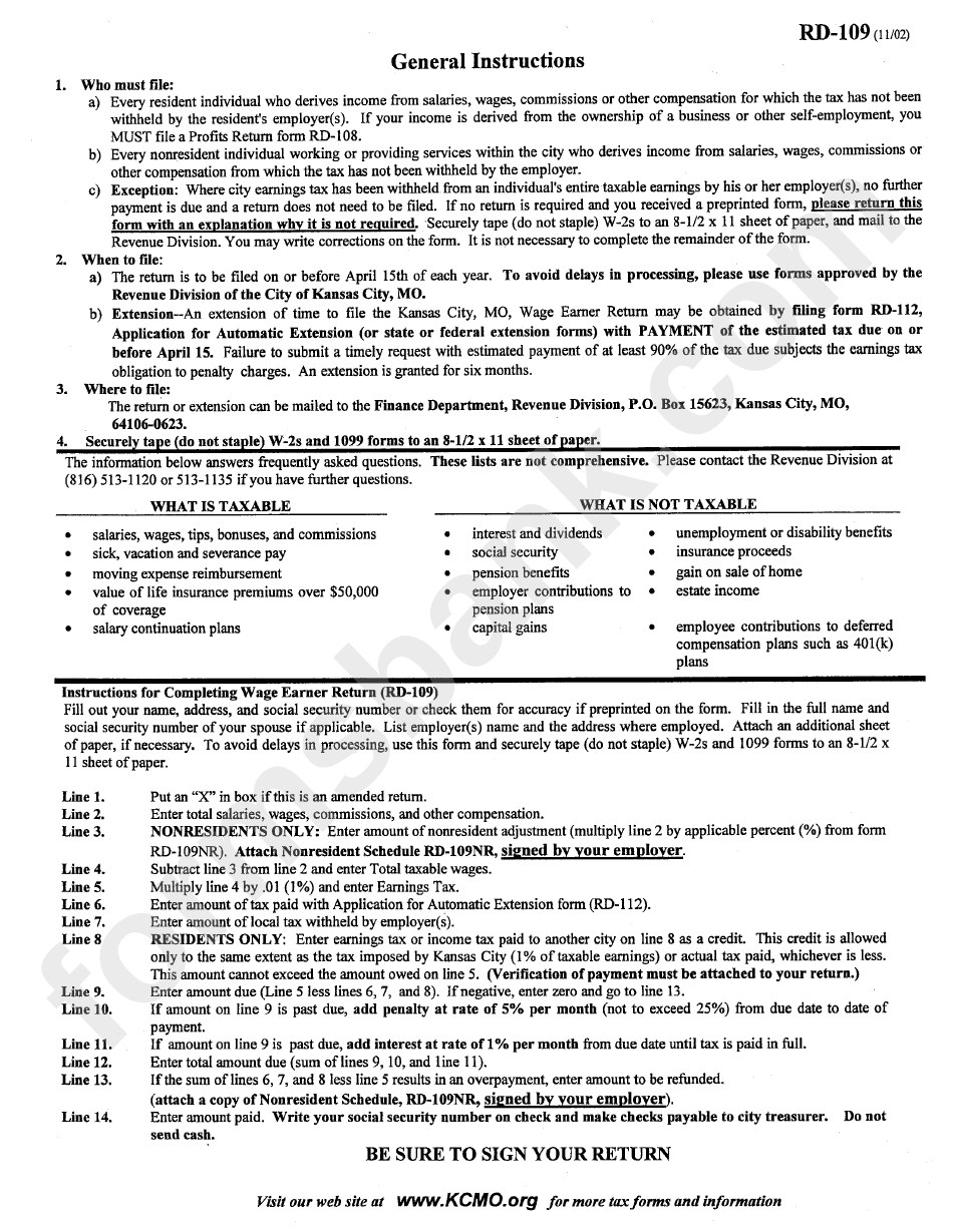 Instructions For Form Rd-109 - City Of Kansas Revenue Division - 2002