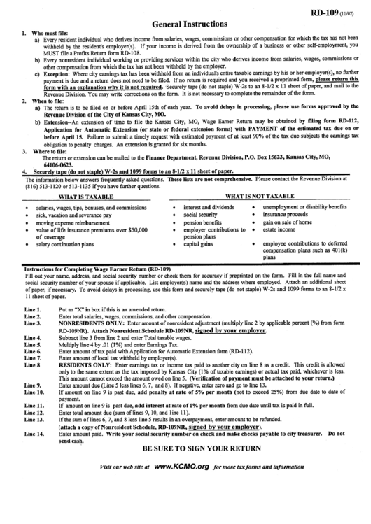 Instructions For Form Rd-109 - City Of Kansas Revenue Division - 2002 Printable pdf
