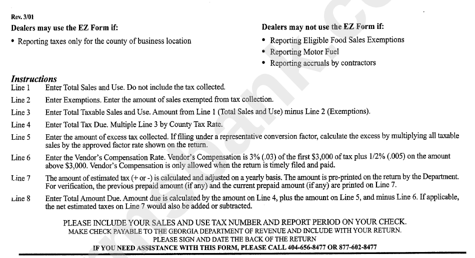 Instructions For Ez Form - Individual Income Tax Return - 2001