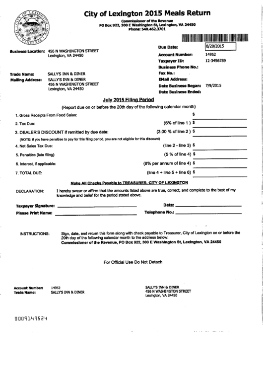 City Of Lexington 2015 Meals Return Printable pdf