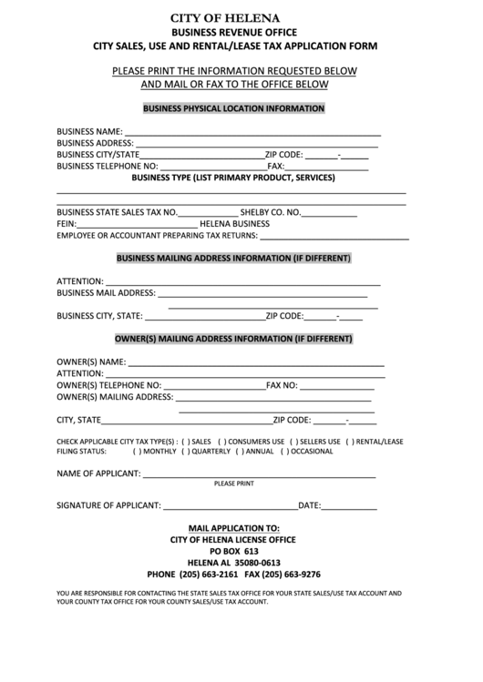 City Sales,use And Rental/lease Tax Application Form - City Of Helena Printable pdf